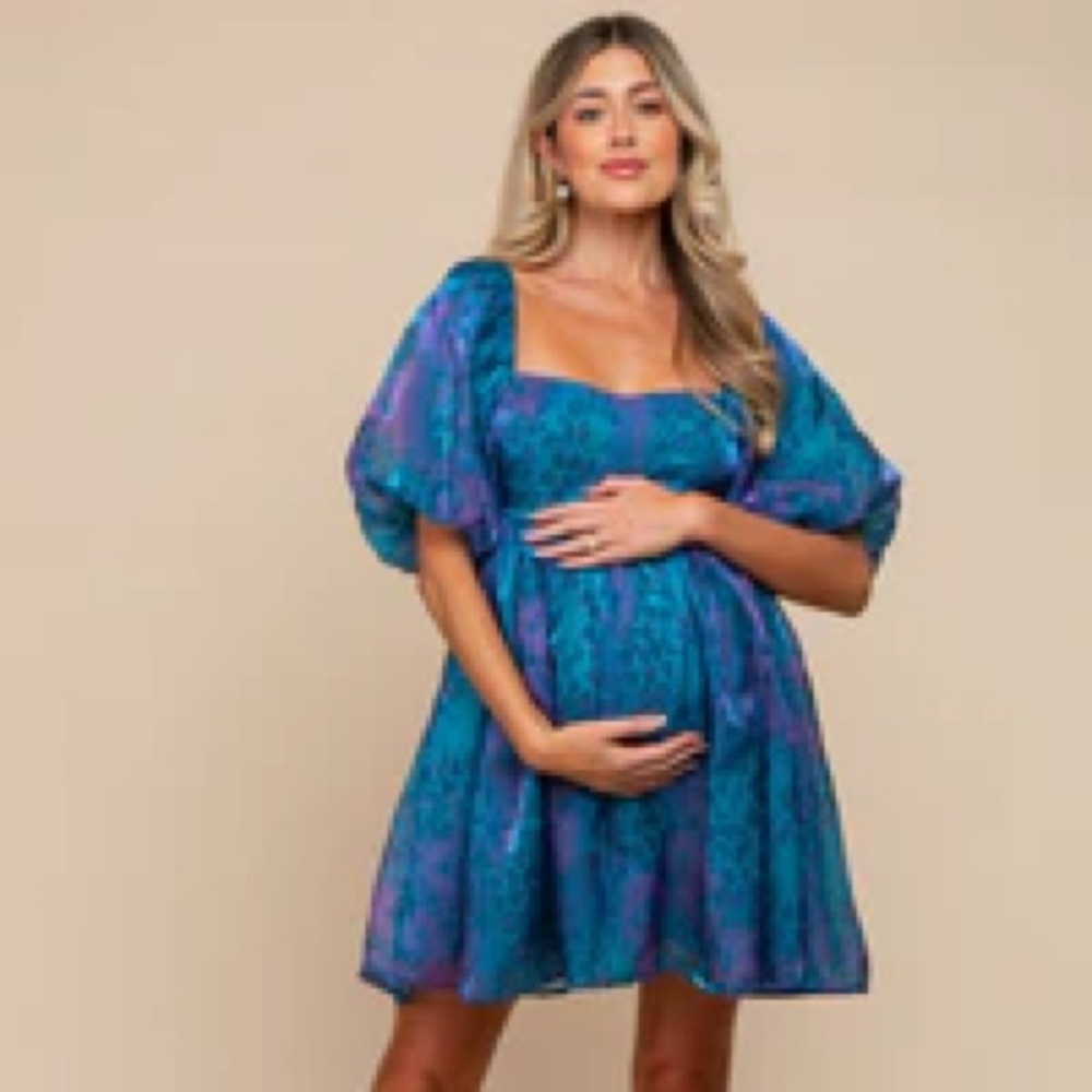 Teal Leopard Print Puff Sleeve Maternity Dress